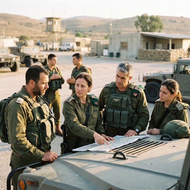 אנשי קבע וקצינים בתדריך סביב מפה שפרושה על רכב צבאי