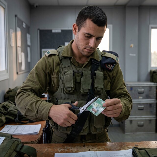 חייל גוזר במספריים את תעודת החוגר שלו בתום השירות